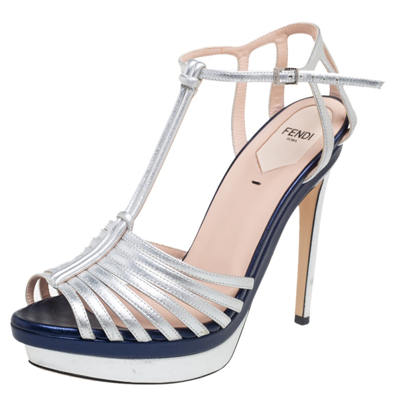 luxury-women-fendi-used-shoes-p552323-1638275020-009-2 Fendi Metallic Silver Leather T- Strap Platform Sandals Size 38