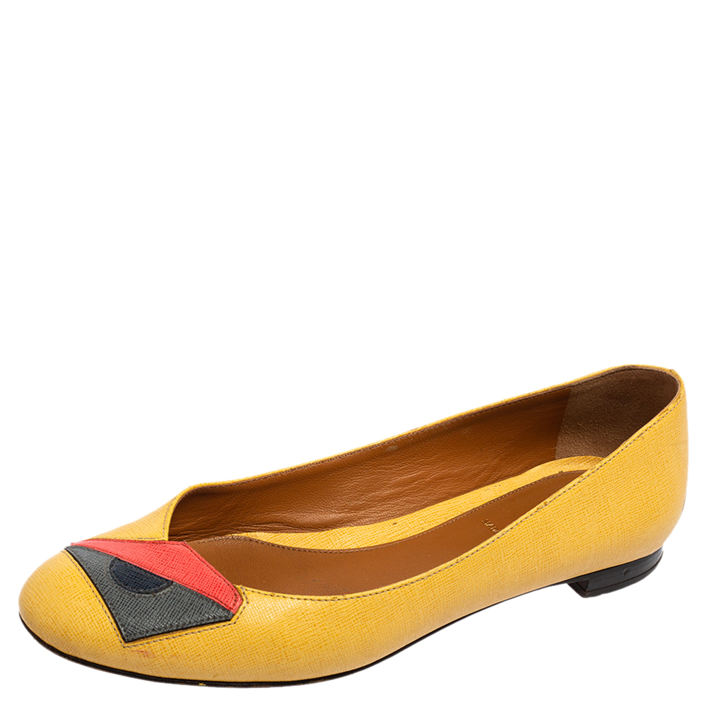 luxury-women-fendi-used-shoes-p564547-007-2 Fendi Yellow Leather Monster Ballet Flats Size 36