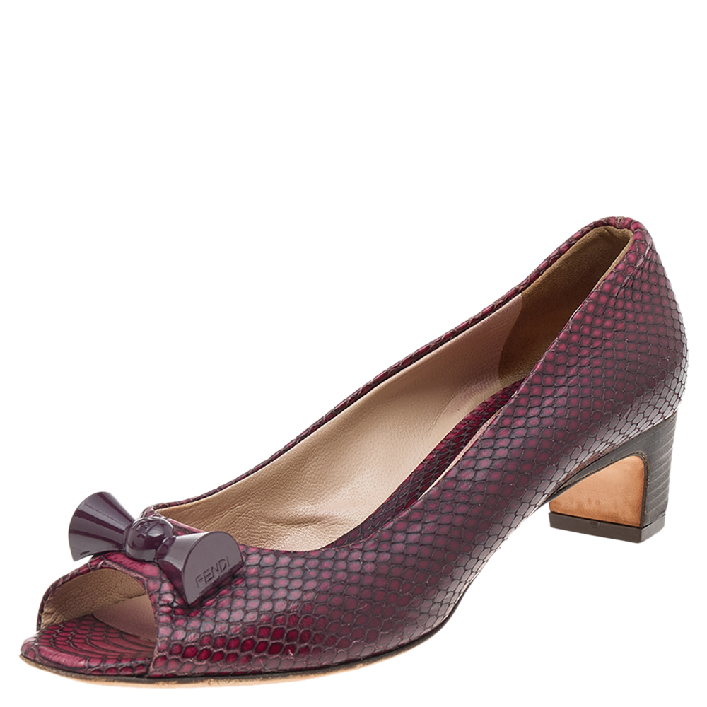 luxury-women-fendi-used-shoes-p569221-009-2 Fendi Two Tone Python Embossed Leather Peep Toe Block Heel Pumps Size 38