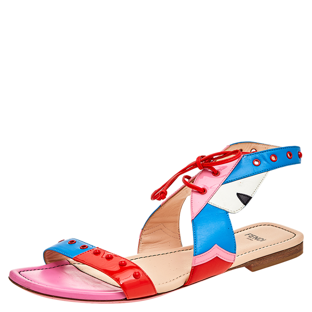 luxury-women-fendi-used-shoes-p569839-009-2 Fendi Multicolor Leather And Patent Leather Ankle Cuff Flat Sandals Size 37