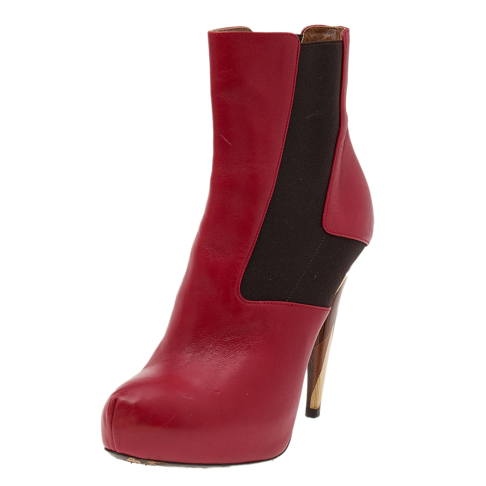 luxury-women-fendi-used-shoes-p573051-005 Fendi Red/Brown Leather And Stretch Fabric Platform Ankle Boots Size 37.5
