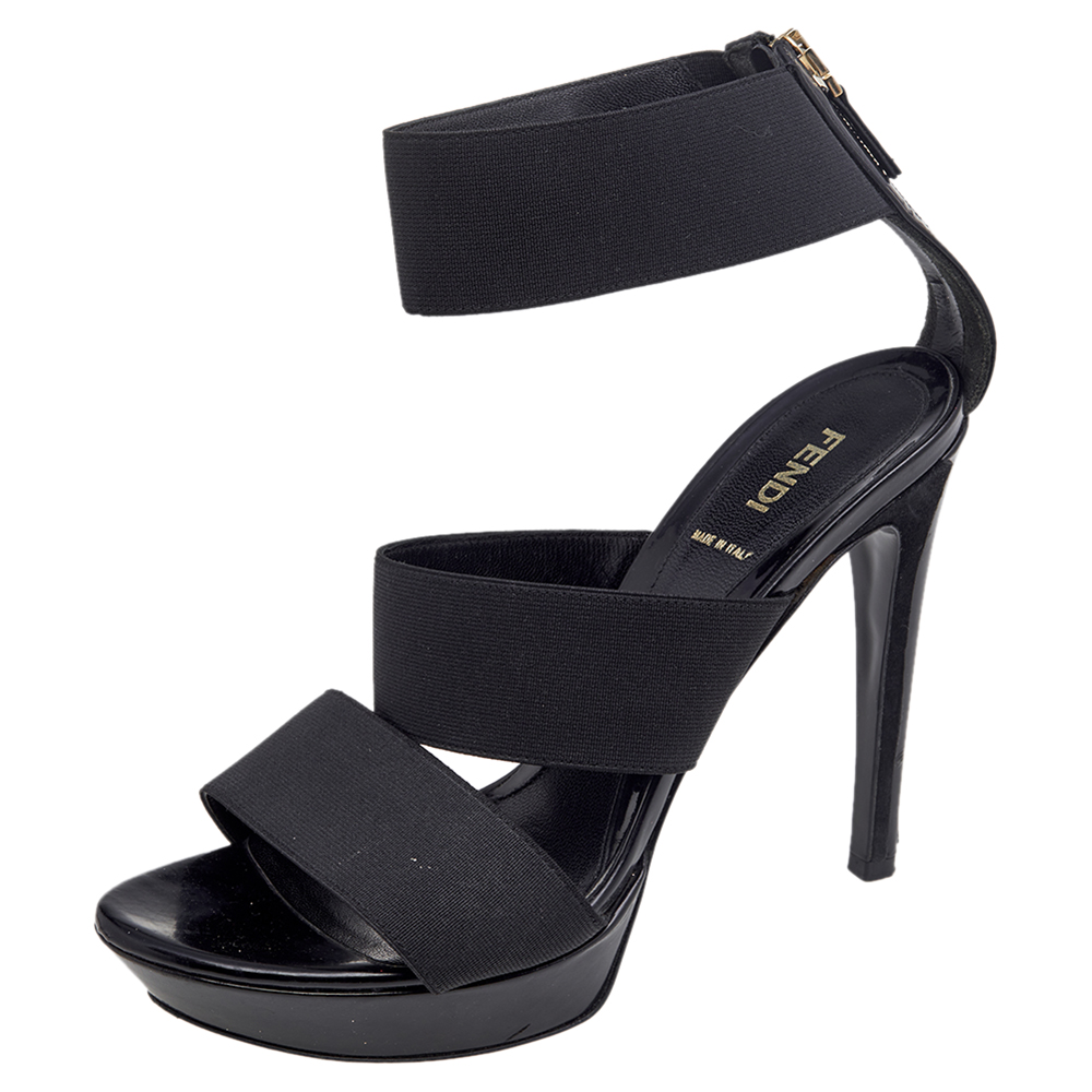 luxury-women-fendi-used-shoes-p586644-004-2 Fendi Black Stretch Band And Leather Strappy Ankle Cuff Sandals Size 39