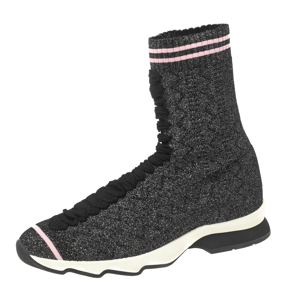 luxury-women-fendi-used-shoes-p601070-008-2 Fendi Black/Silver Glitter Knit Fabric High-Top Sock Sneakers Size 38