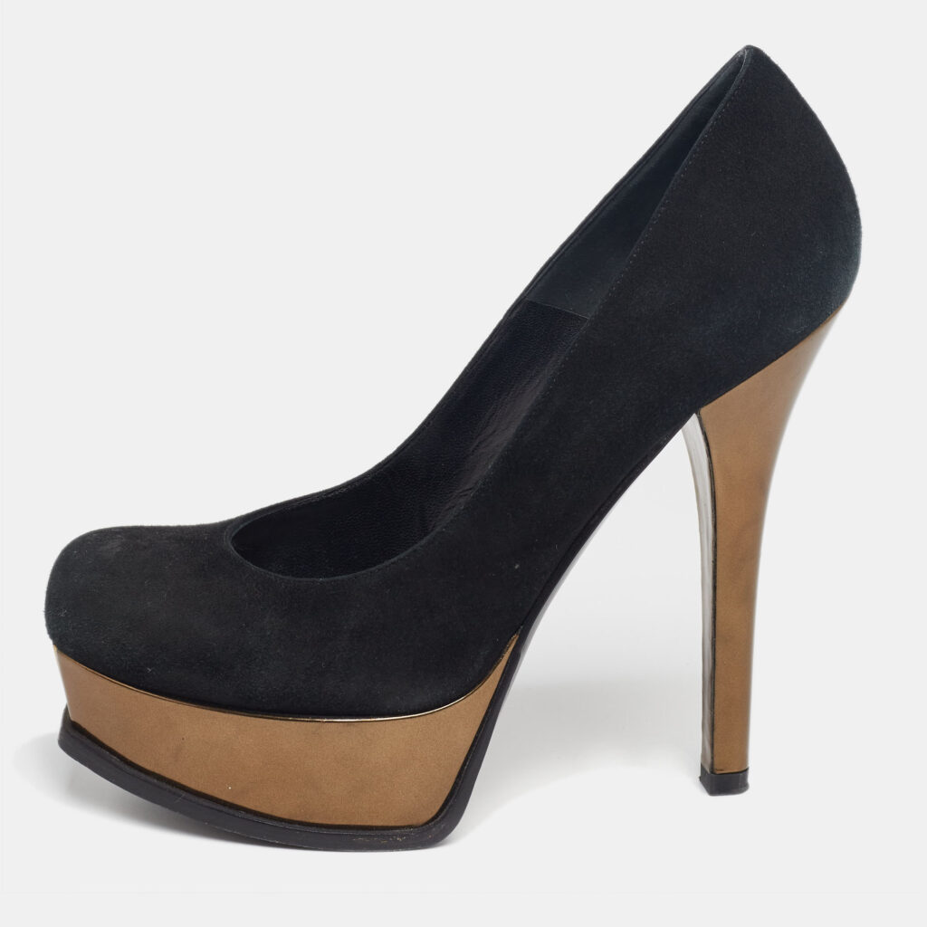 luxury-women-fendi-used-shoes-p626015-003-2 Fendi Black/Bronze Suede And Leather Fendista Platform Pumps Size 37