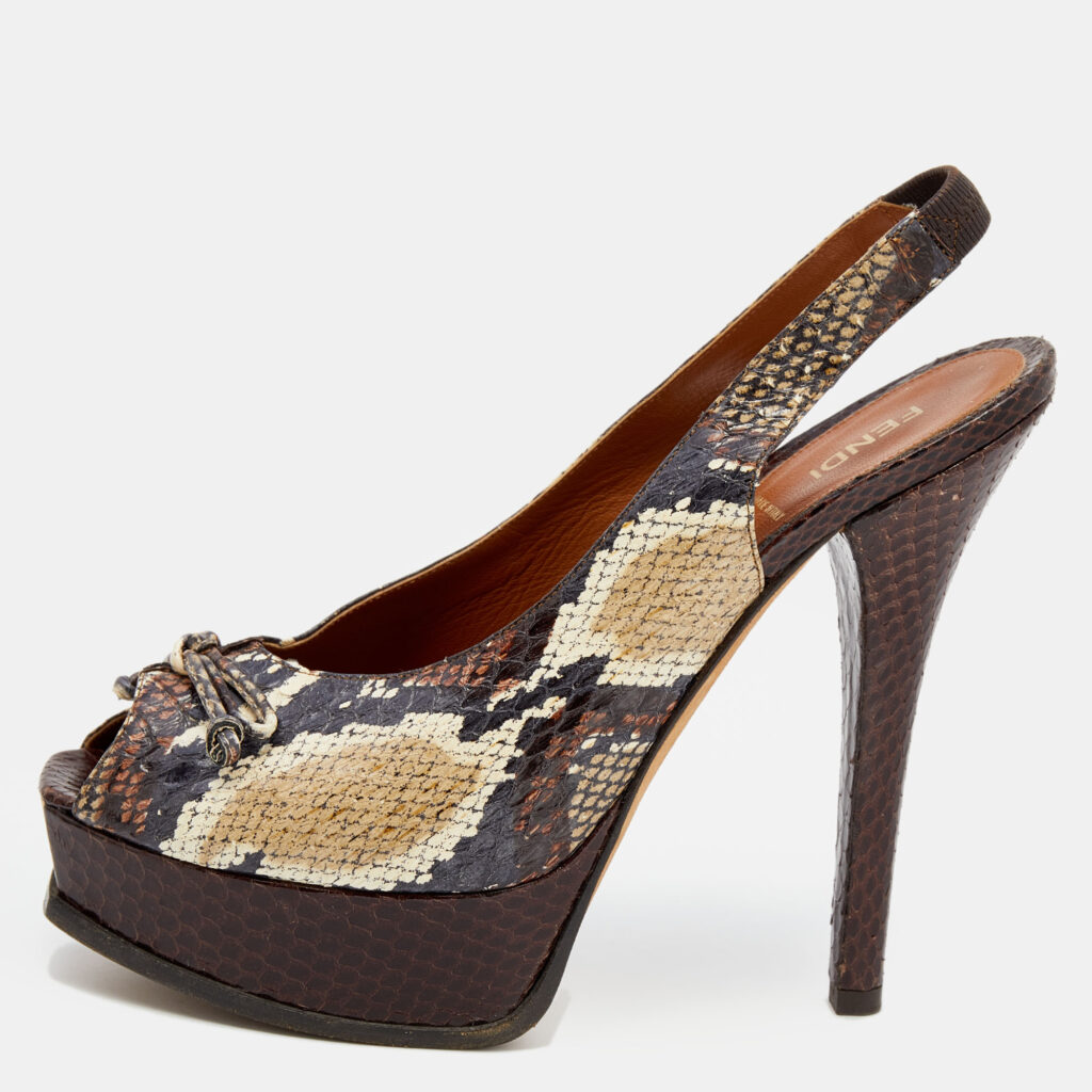 luxury-women-fendi-used-shoes-p628499-002 Fendi Multicolor Python Fendista Peep Toe Platform Slingback Pumps Size 41