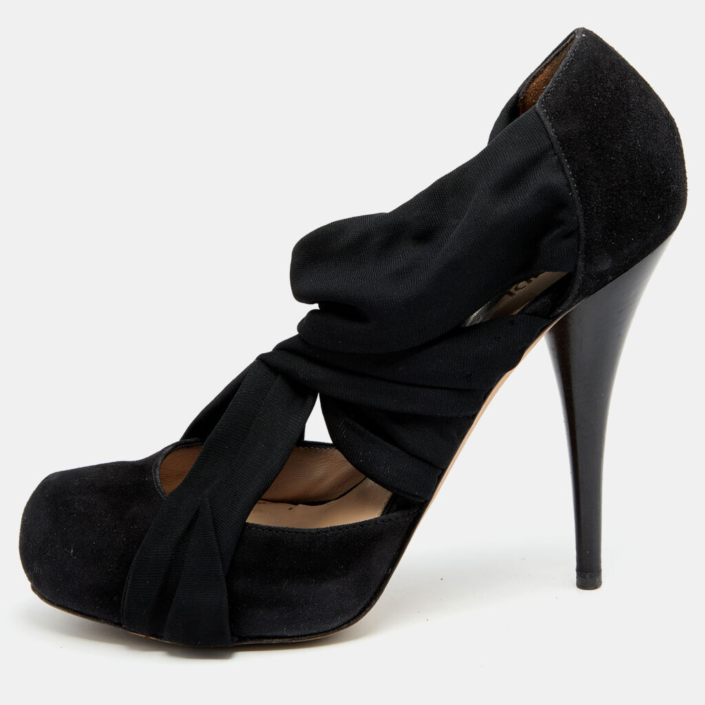 luxury-women-fendi-used-shoes-p629500-009-2 Fendi Black Suede And Fabric Criss Cross Pumps 40