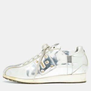 Fendi Metallic Silver Patent Leather Low Top Sneakers Size 38