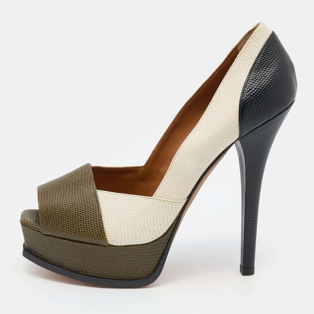 luxury-women-fendi-used-shoes-p647851-002-2 Fendi Tricolor Iguana Leather Fendista Peep Toe Platform Pumps Size 41