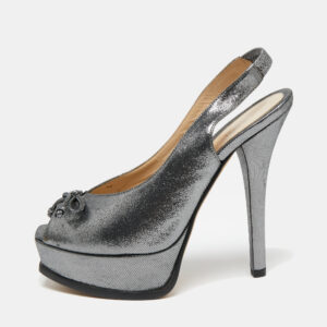 Fendi Metallic Grey Suede Fendista Peep Toe Slingback Platform Sandals Size 38.5