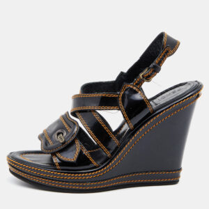 Fendi Black Patent Leather B Buckle Platform Wedge Sandals Size 37.5