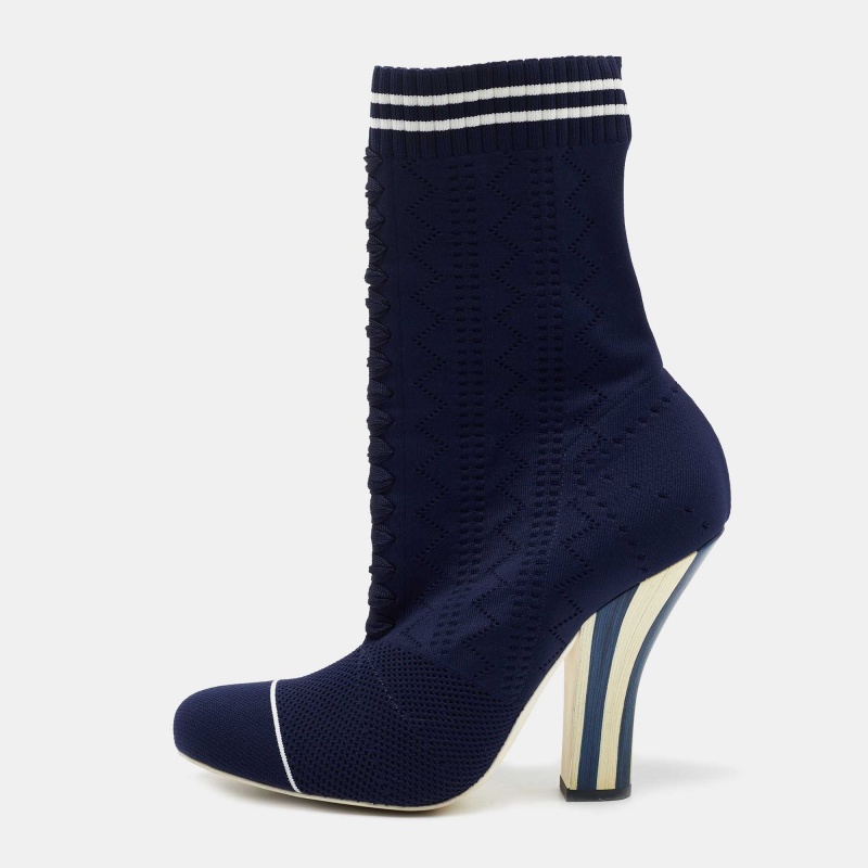 luxury-women-fendi-used-shoes-p760379-1674706700-003 Fendi Navy Blue Knit Fabric Rockoko Mid Calf Boots Size 40