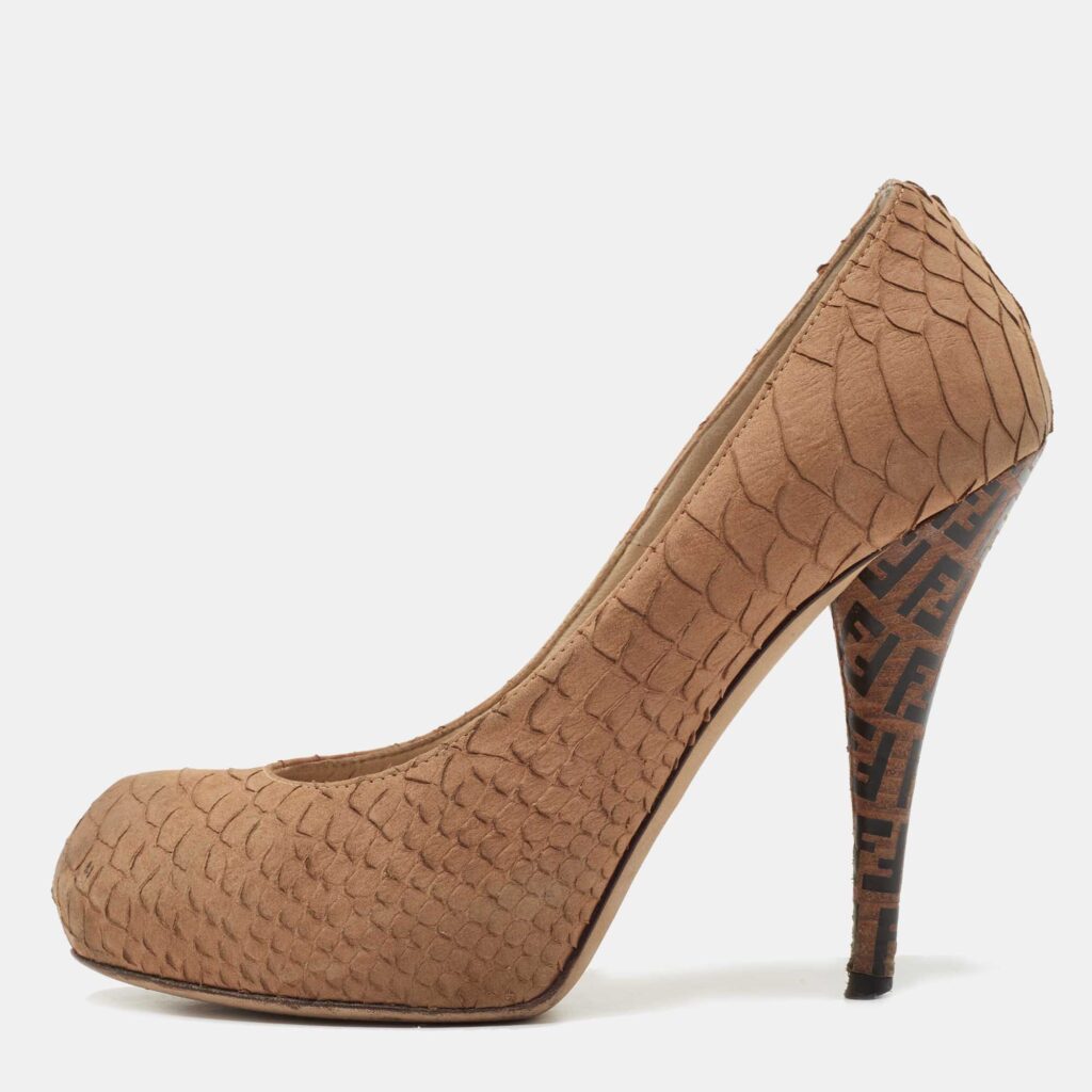 luxury-women-fendi-used-shoes-p787752-003 Fendi Brown Python Embossed Leather FF Logo Heel Platform Pumps Size 36.5