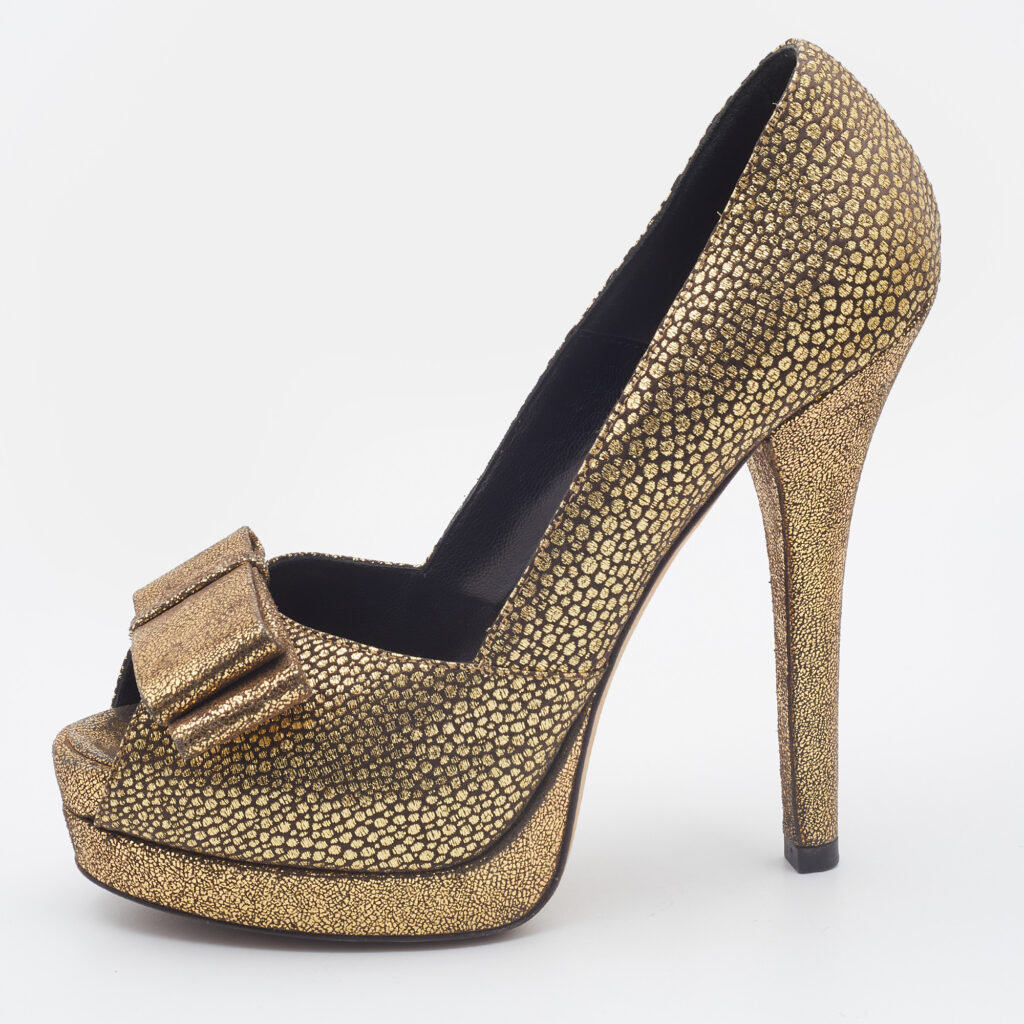 luxury-women-fendi-used-shoes-p807848-005 Fendi Metallic Gold Brocade Fabric Deco Peep Toe Bow Platform Pumps Size 37.5