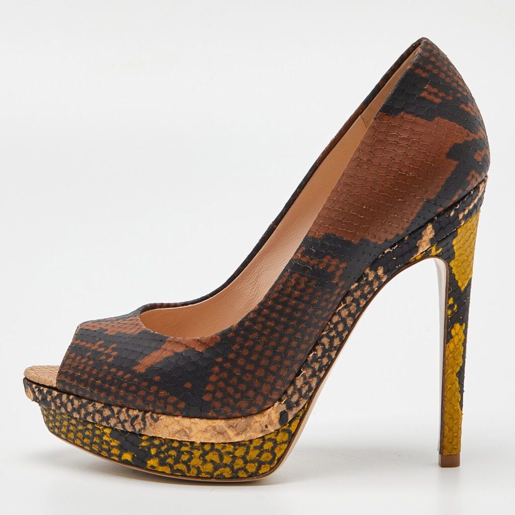 luxury-women-fendi-used-shoes-p838767-002 Fendi Multicolor Python Embossed Leather Peep Toe Platform Pumps Size 35