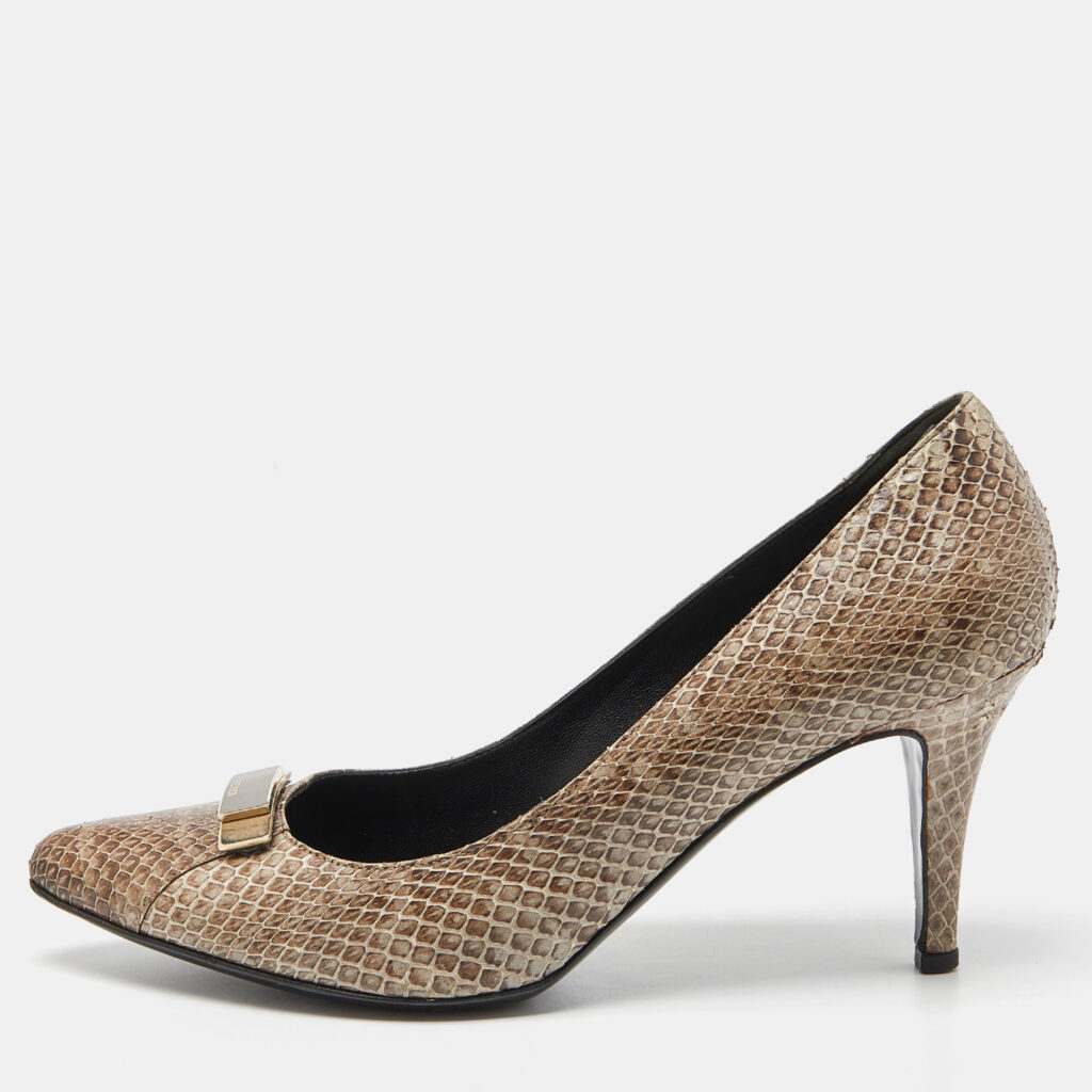luxury-women-fendi-used-shoes-p850800-010 Fendi Beige/Brown Watersnake Leather Pointed Toe Pumps Size 39.5
