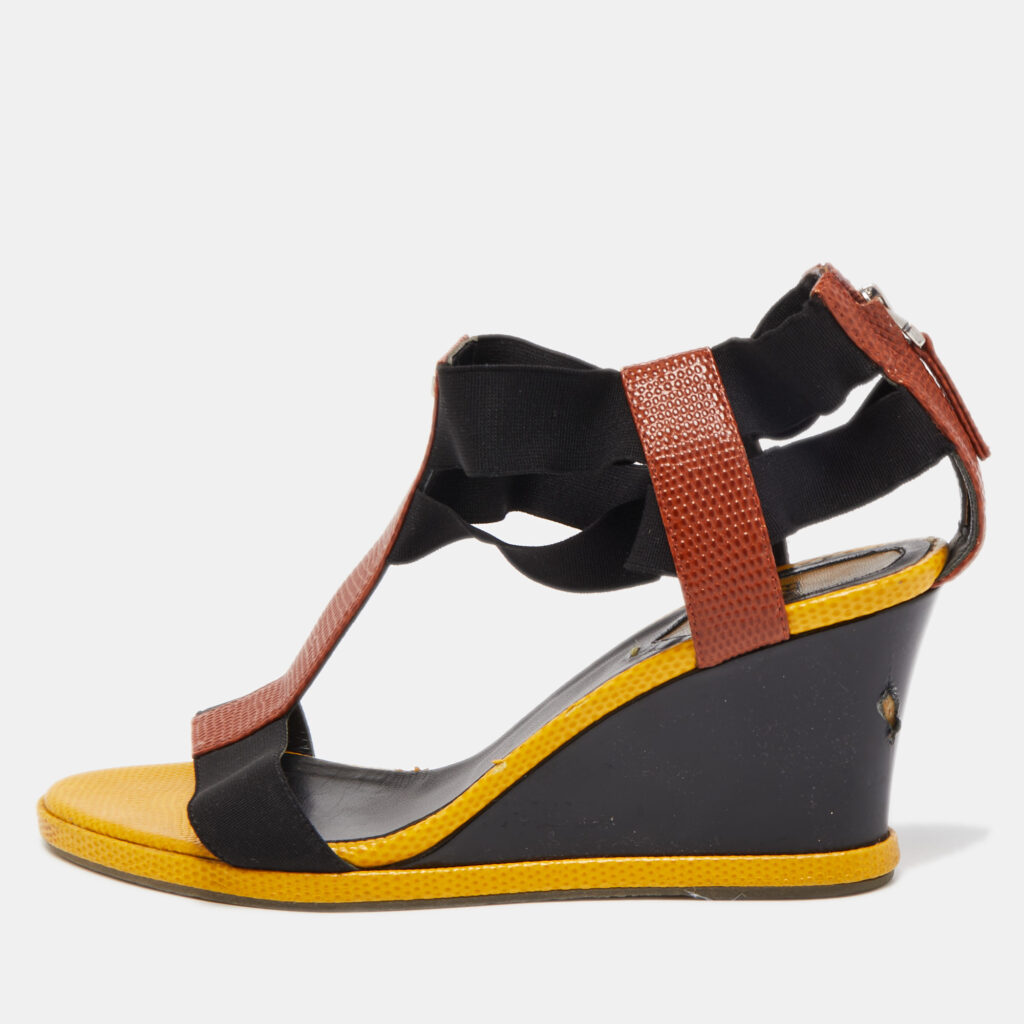 Fendi Brown/Yellow Lizard Embossed Leather T-Strap Espadrille Wedge Sandals Size 38.5