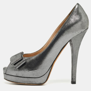 Fendi Grey Leather Bow Peep Toe Platform Pumps Size 40