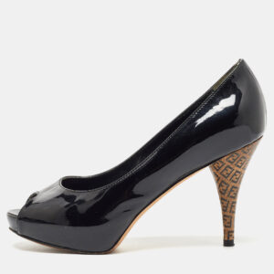 Fendi Black Patent Leather FF Heels Peep Toe Platform Pumps Size 35.5