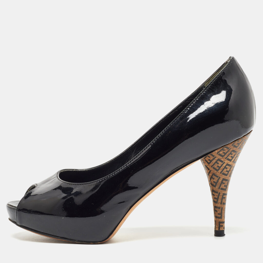 luxury-women-fendi-used-shoes-p917406-001 Fendi Black Patent Leather FF Heels Peep Toe Platform Pumps Size 35.5