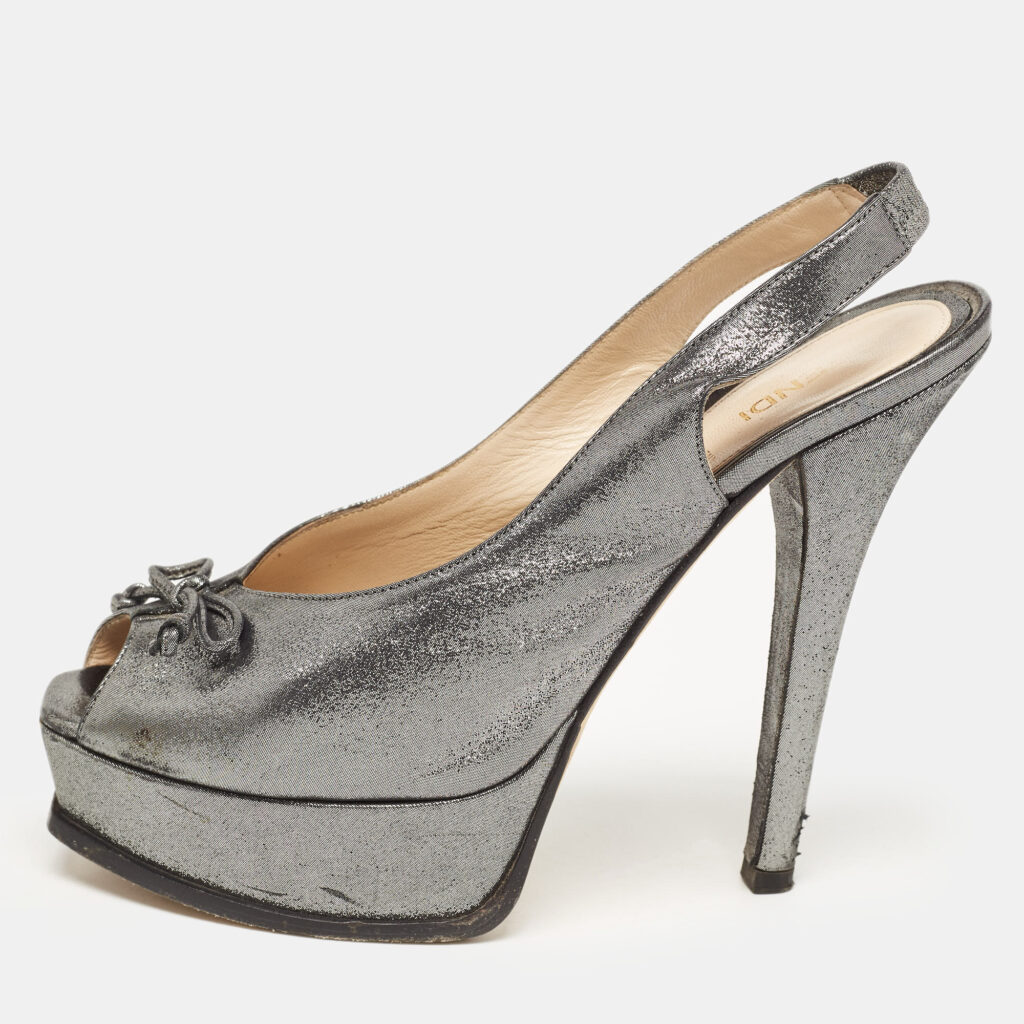 luxury-women-fendi-used-shoes-p929062-001 Fendi Grey Fabric Fendista Bow Peep Toe Slingback Platform Pumps Size 40