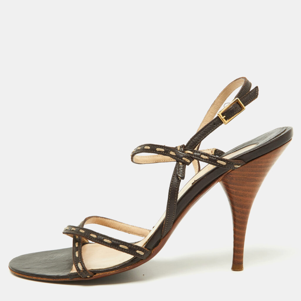 luxury-women-fendi-used-shoes-p932802-001 Fendi Dark Brown/Cream Stitch Leather Strappy Sandals Size 37.5