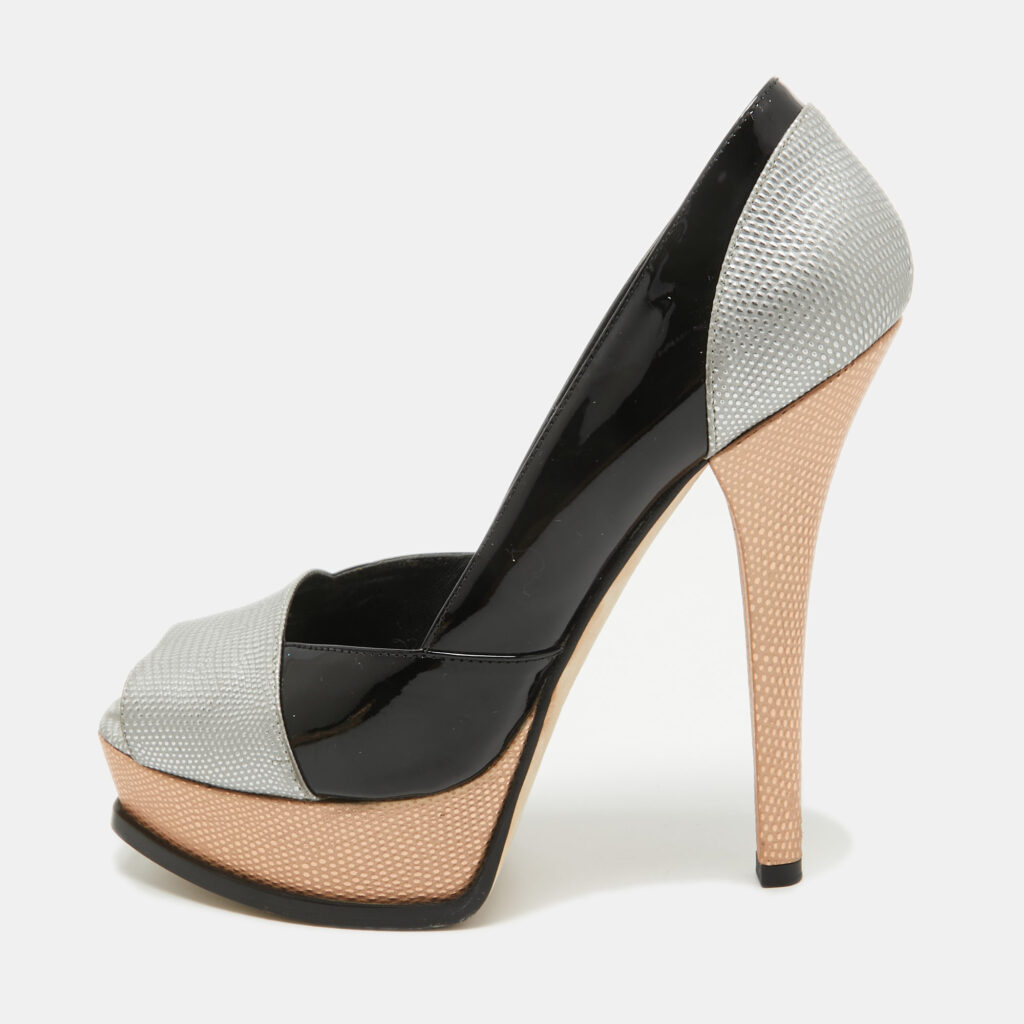 luxury-women-fendi-used-shoes-p935634-001 Fendi Multicolor Textured Leather Fendista Platform Peep Toe Pumps Size 40