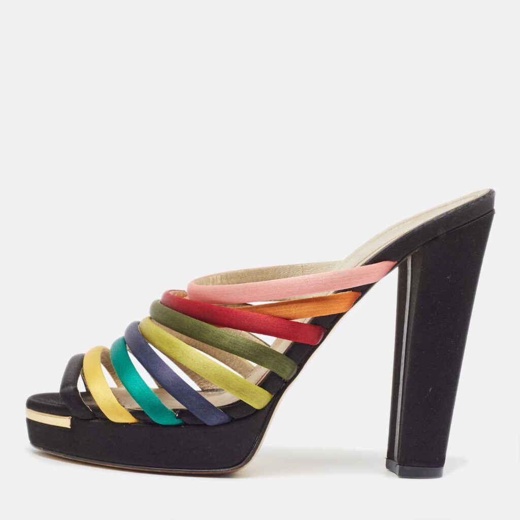 luxury-women-fendi-used-shoes-p950374-003 Fendi Multicolor Satin Strappy Platform Slide Sandals Size 40