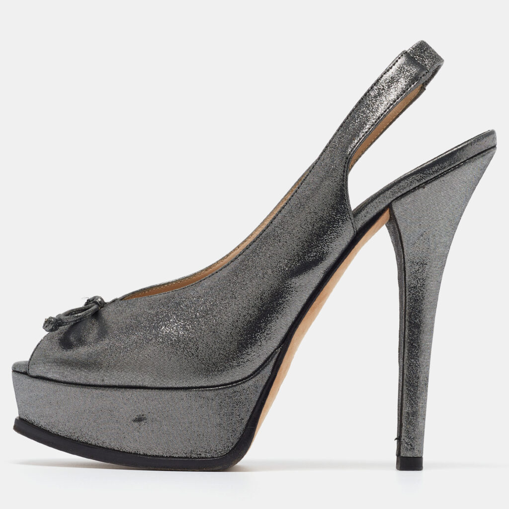 luxury-women-fendi-used-shoes-p950382-010 Fendi Metallic Glitter Fabric Bow Fendista Slingback Pumps Size 41