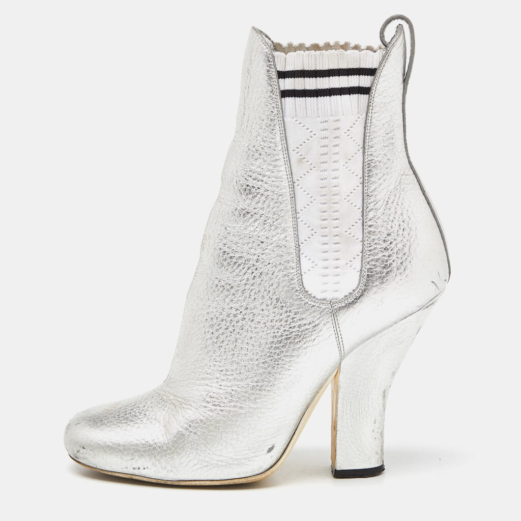 luxury-women-fendi-used-shoes-p964884-006 Fendi Silver Leather Marie Antoinette Ankle Boots Size 37