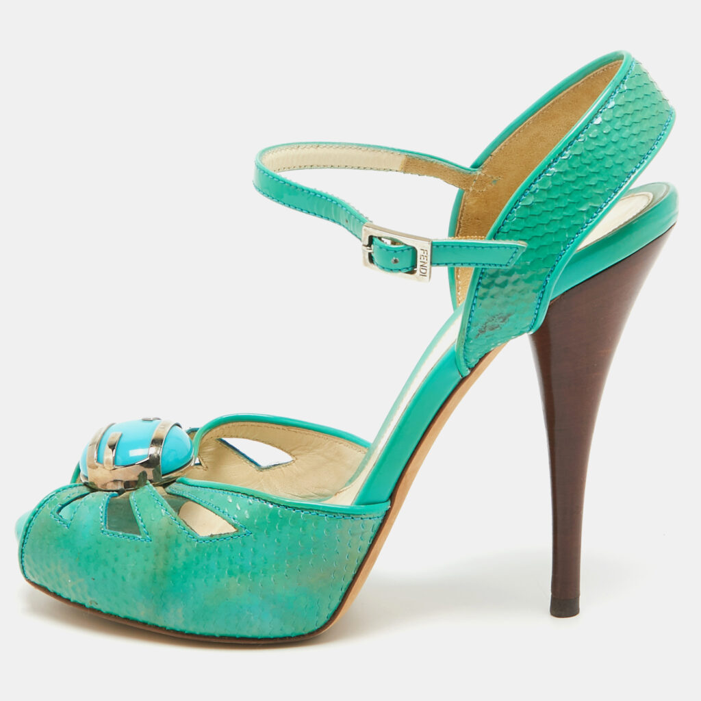 luxury-women-fendi-used-shoes-p968857-001 Fendi Turquoise Snake Embossed Slingback Platform Sandals Size 37