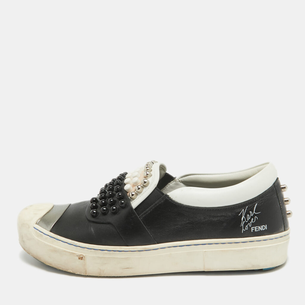 luxury-women-fendi-used-shoes-p969799-001 Fendi Black/White Leather Studded Karl Lover Slip On Sneakers Size 37