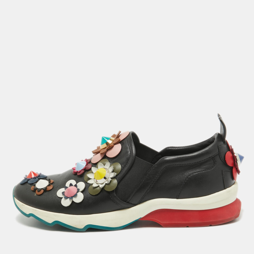 luxury-women-fendi-used-shoes-p998737-001 Fendi Black Leather Flowerland Slip On Sneakers Size 38