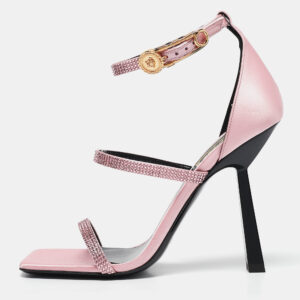 Fendi x Versace Pink Satin Crystal Embellished Ankle Strap Sandals Size 37.5