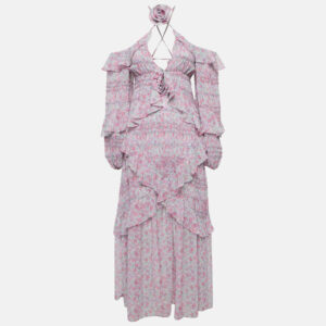 For Love & Lemons Pink Floral Print Chiffon Ruffled Rowan Maxi Dress S