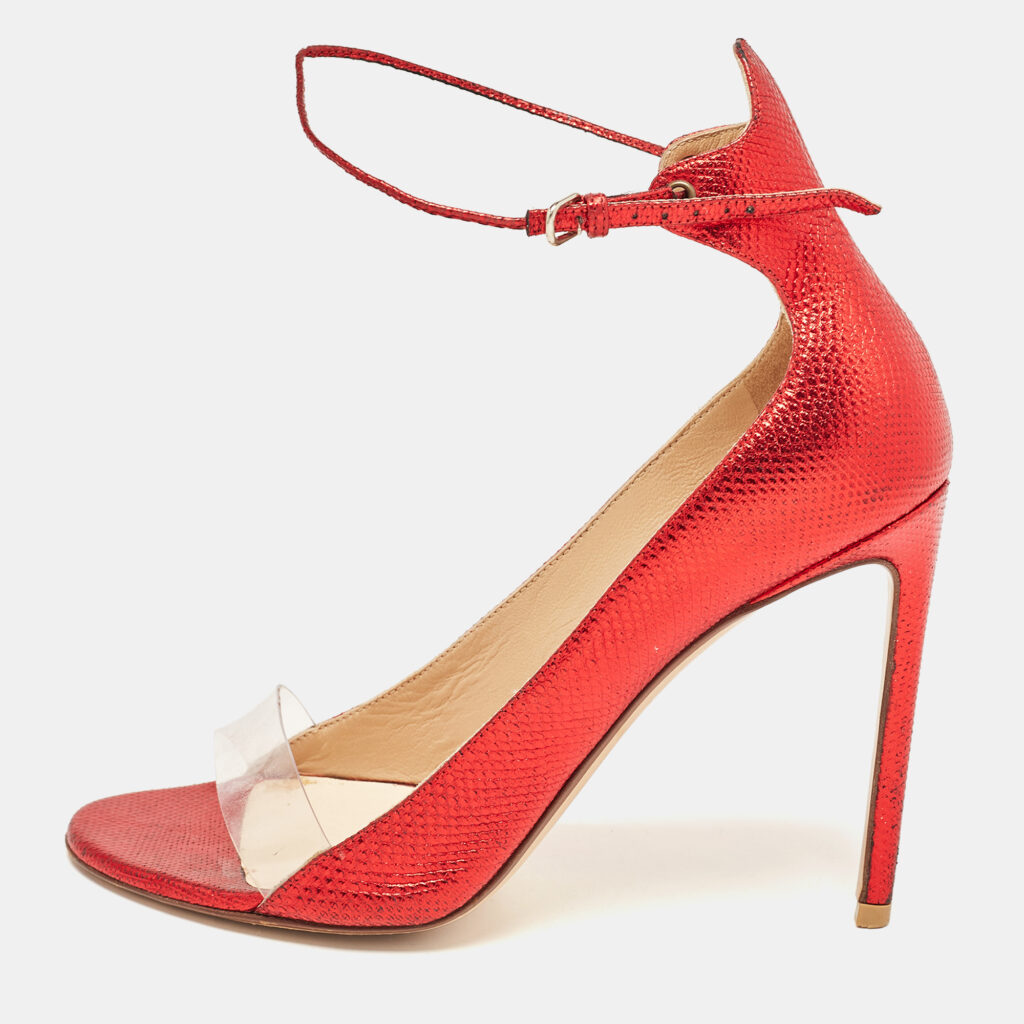 luxury-women-francesco-russo-used-shoes-p1102427-004 Francesco Russo Red Leather and PVC Open Toe Ankle Strap Pumps Size 38