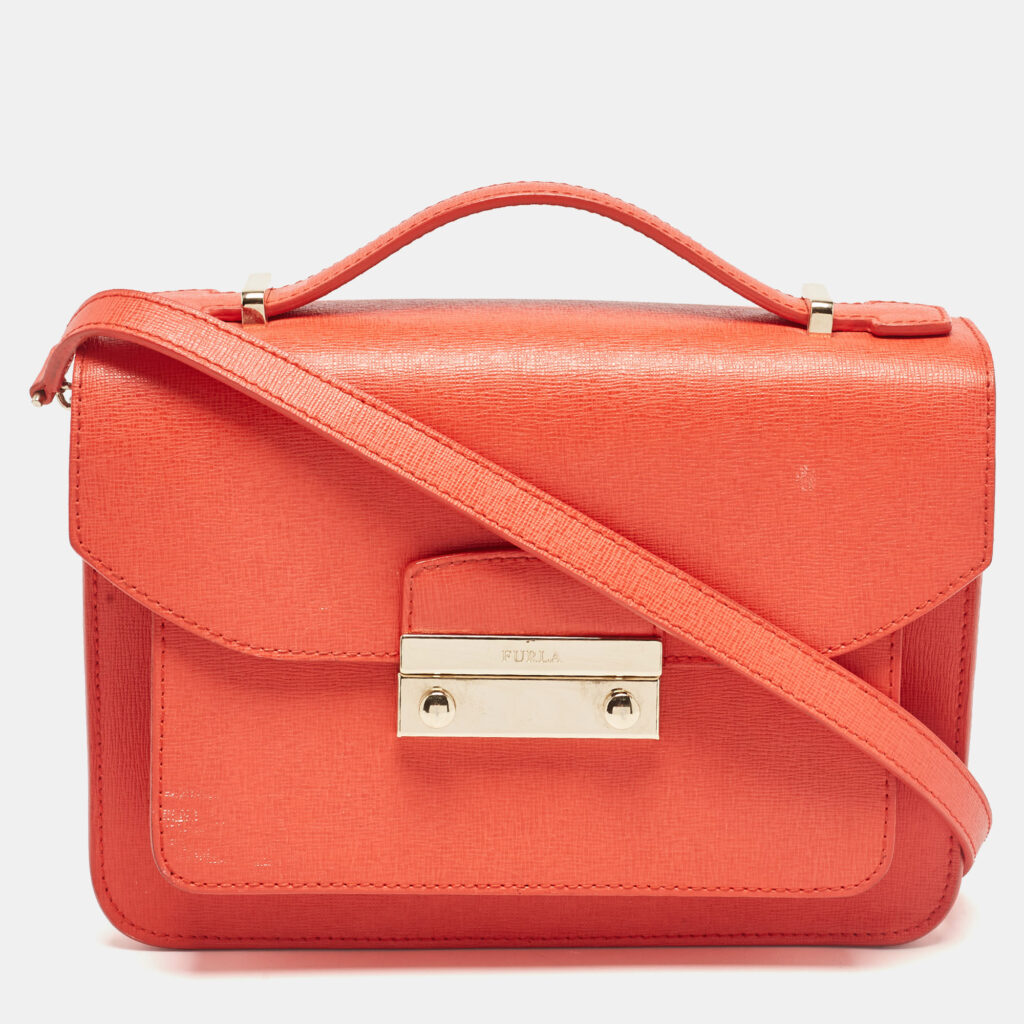 luxury-women-furla-used-handbags-p1032125-001 Furla Orange Leather Metropolis Top Handle Bag