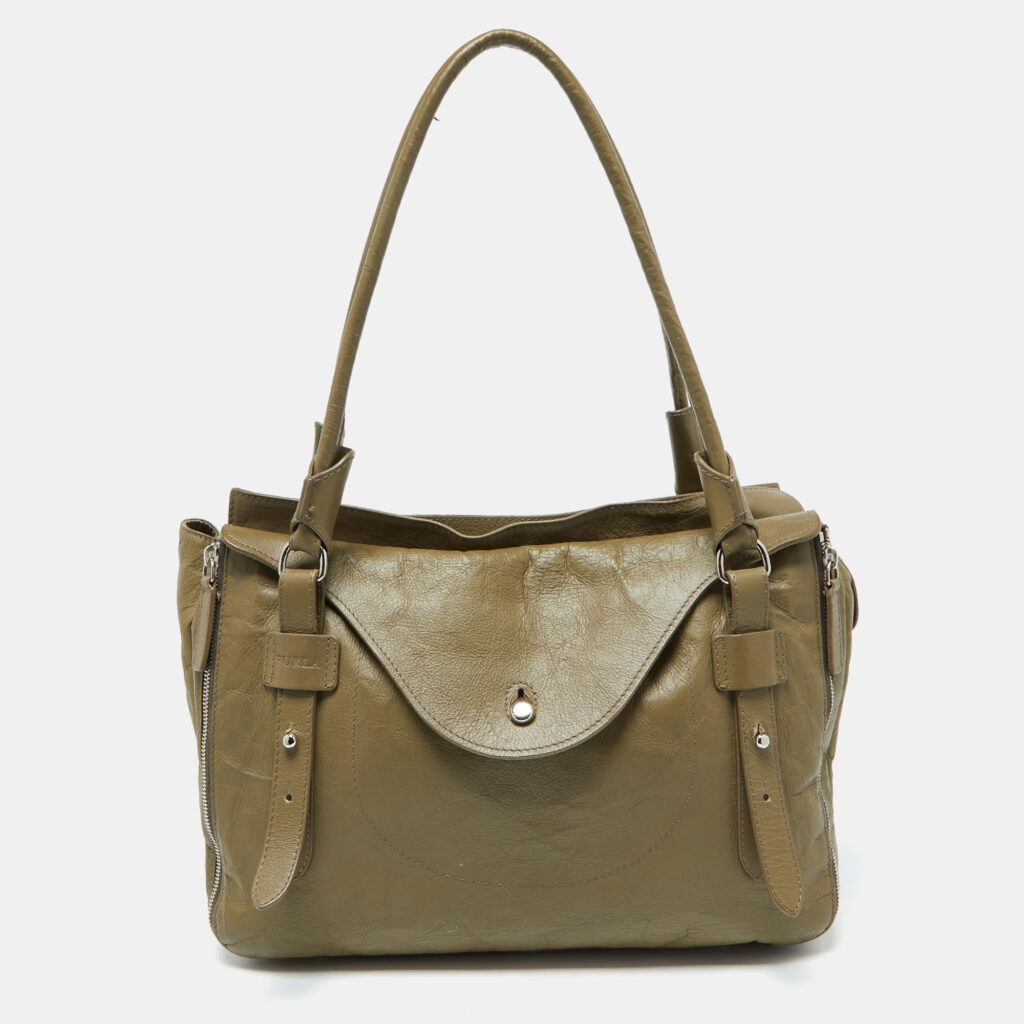 luxury-women-furla-used-handbags-p1037625-001 Furla Green Leather Top Zip Tote