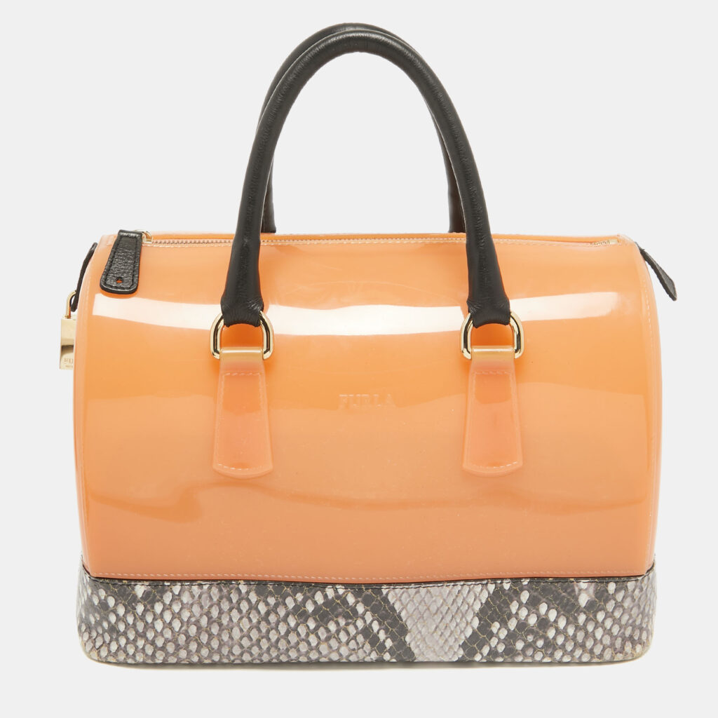 luxury-women-furla-used-handbags-p1039158-007 Furla Orange/Grey Rubber and Python Print Leather Medium Candy Satchel