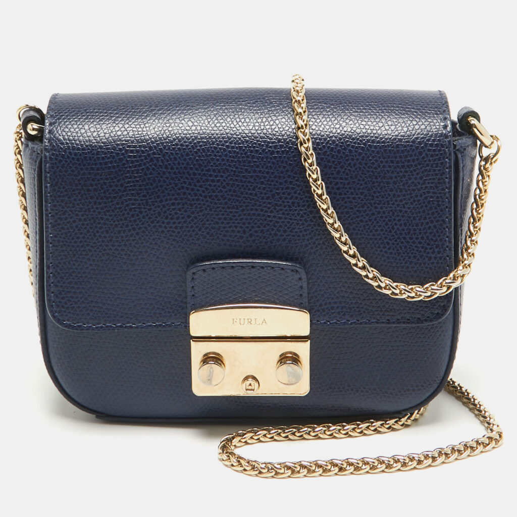 luxury-women-furla-used-handbags-p1054100-011 Furla Navy Blue Leather Mini Metropolis Chain Crossbody Bag