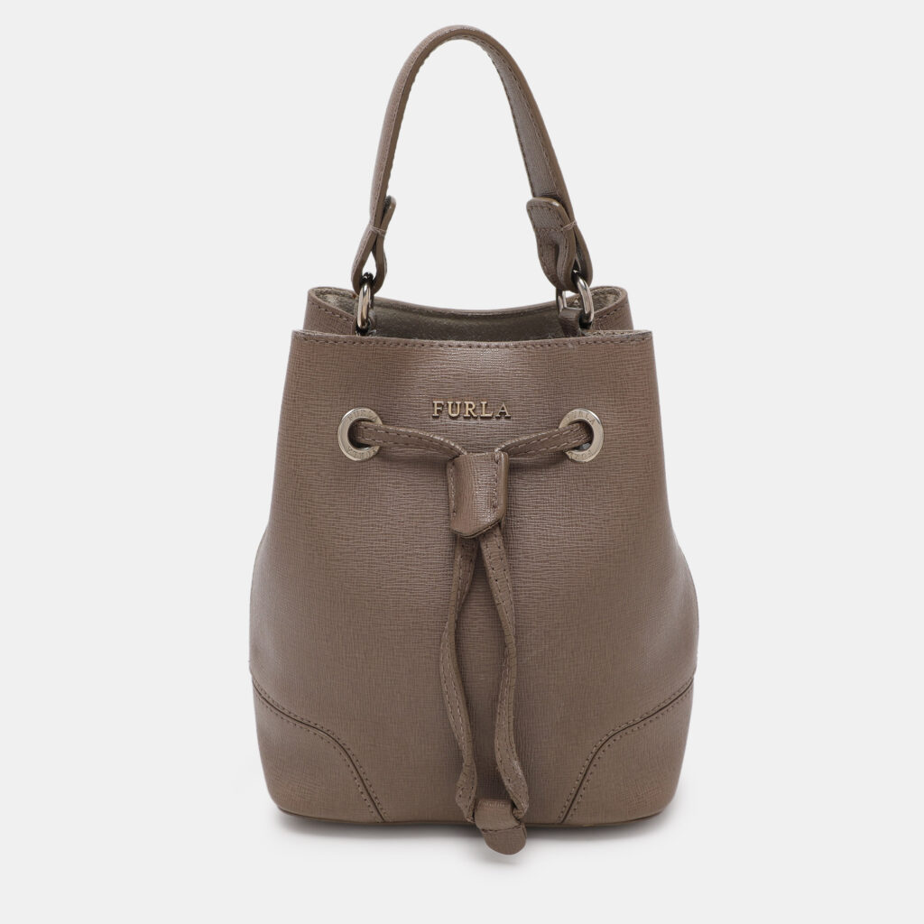 luxury-women-furla-used-handbags-p1092637-012 Furla Grey Leather Mini Stacy Drawstring Bucket Bag