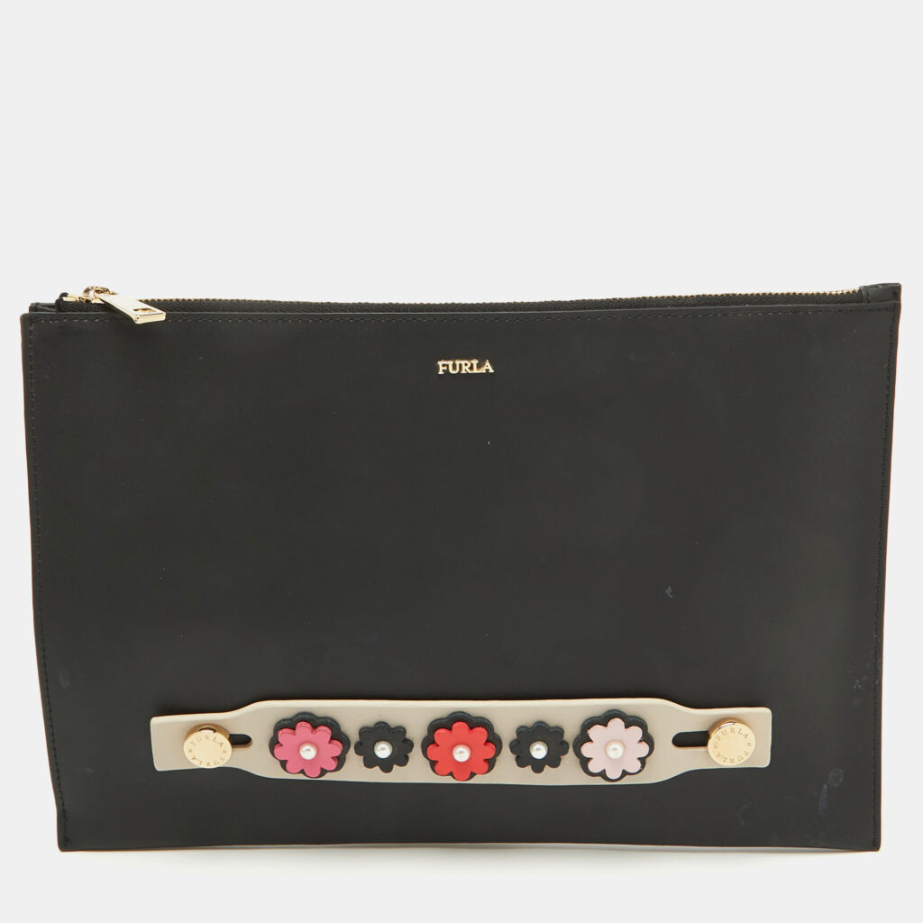Furla Black Leather Floral Handle Flat Zip Pouch Clutch