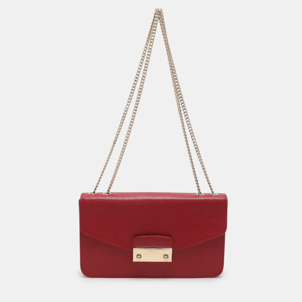 luxury-women-furla-used-handbags-p1112808-002 Furla Red Leather Metropolis Chain Shoulder Bag