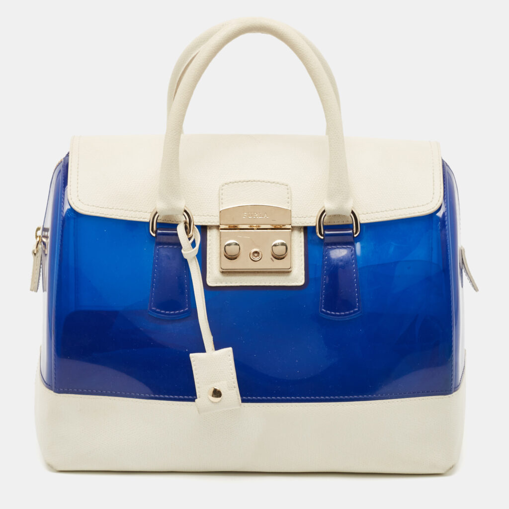 luxury-women-furla-used-handbags-p1118269-014 Furla Blue/White Rubber and Leather Candy Flap Satchel