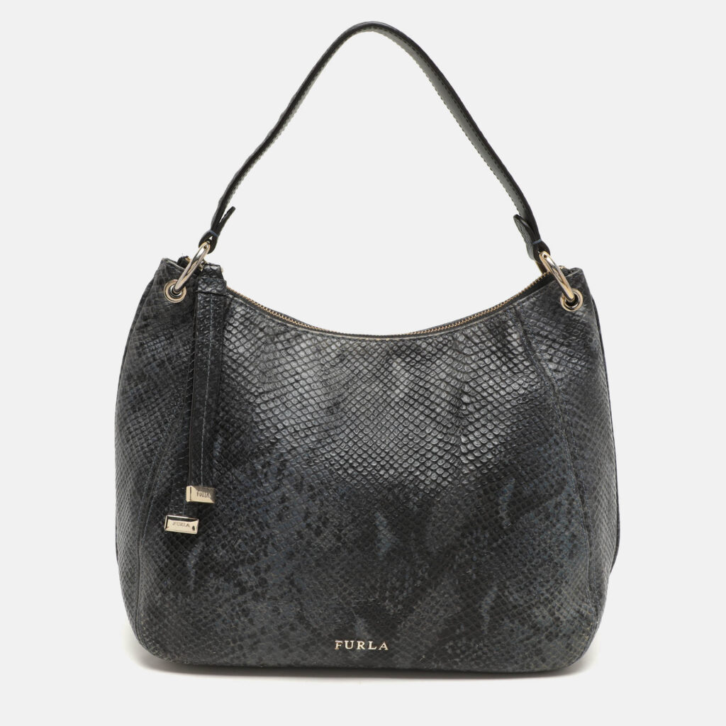 luxury-women-furla-used-handbags-p1156394-018 Furla Blue/Black Python Embossed Leather Hobo