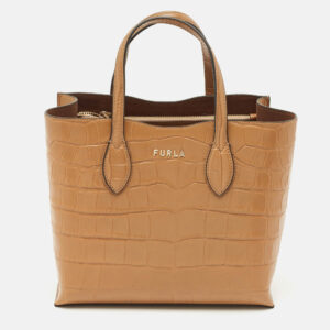 Furla Tan Croc Embossed Leather Tote