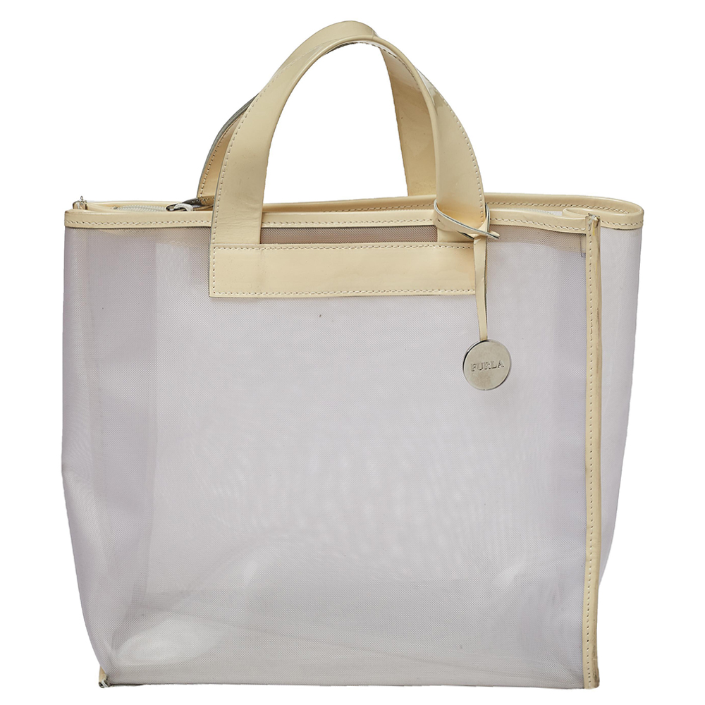 luxury-women-furla-used-handbags-p405637-010 Furla Cream Mesh And Patent Leather Divide It Tote