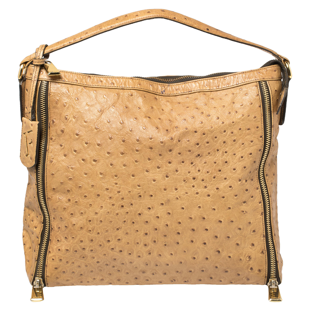 luxury-women-furla-used-handbags-p406541-011 Furla Beige Ostrich Embossed Leather Zip Hobo