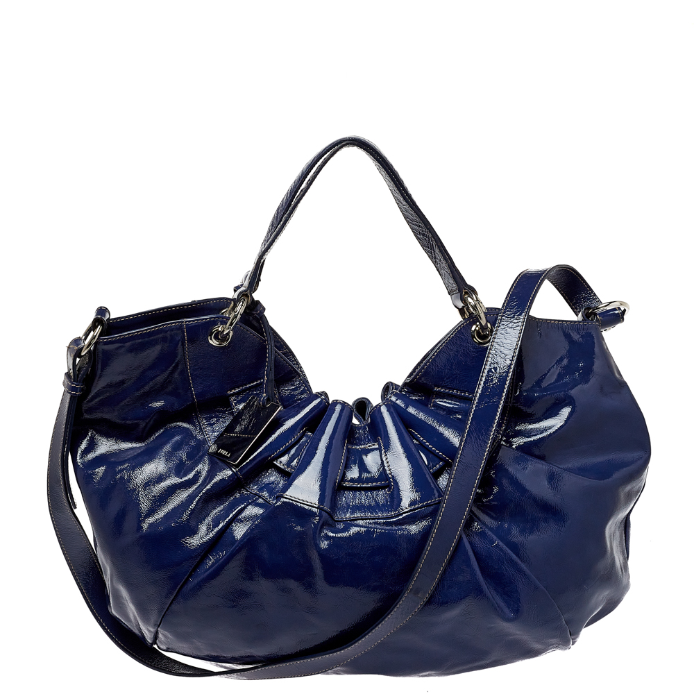 luxury-women-furla-used-handbags-p413815-007 Furla Blue Patent Leather Ninfea Hobo