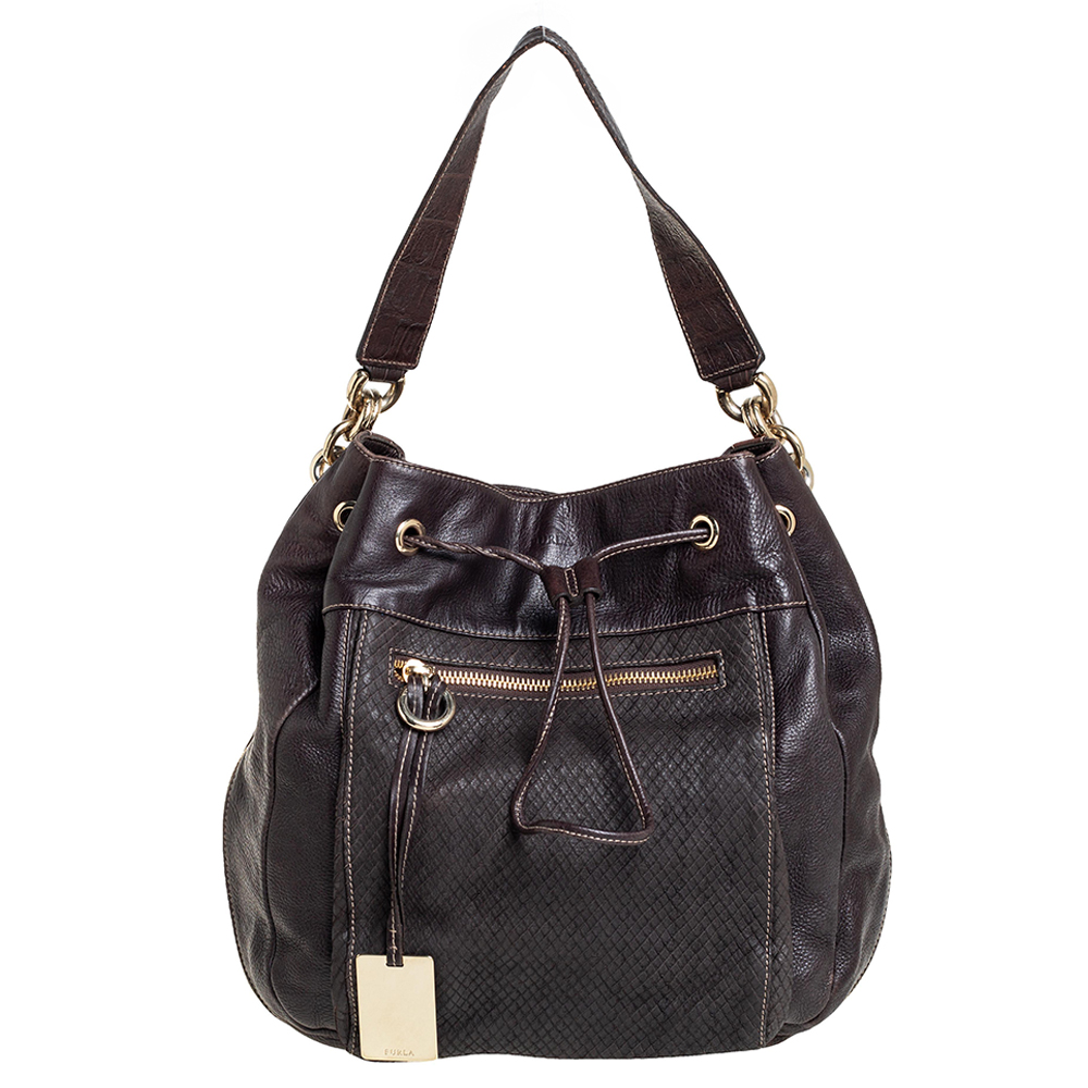 luxury-women-furla-used-handbags-p433994-011 Furla Dark Brown Leather Drawstring Hobo