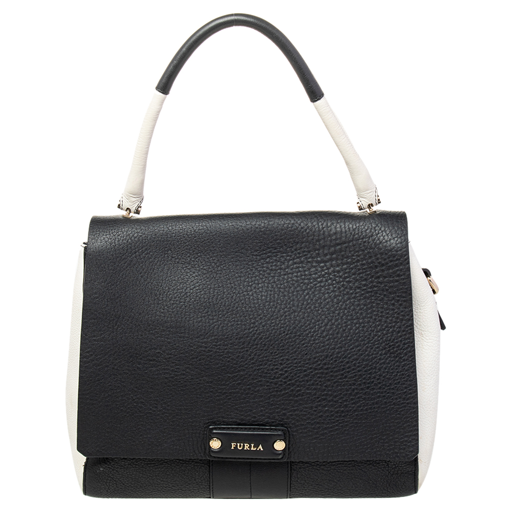 luxury-women-furla-used-handbags-p470988-011 Furla Black/White Leather Flap Top Handle Bag